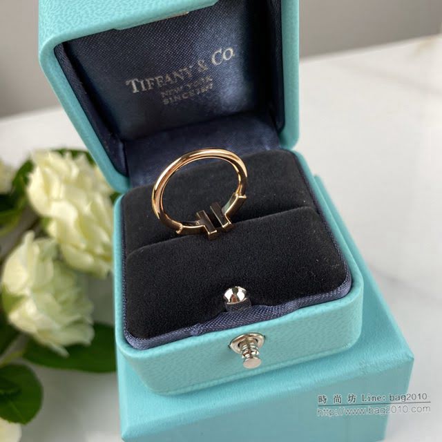 Tiffany飾品 蒂芙尼女士專櫃爆款T Square貝母雙t開口戒指 Tiffany白貝母藍松石V金戒指  zgt1619
